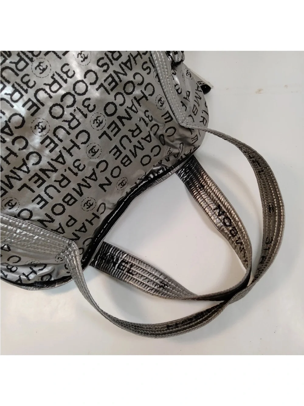 CHANEL Rue Cambon Metallic Nylon Tote Silver Black Logo Shoulder Bag - Picture 6 of 11